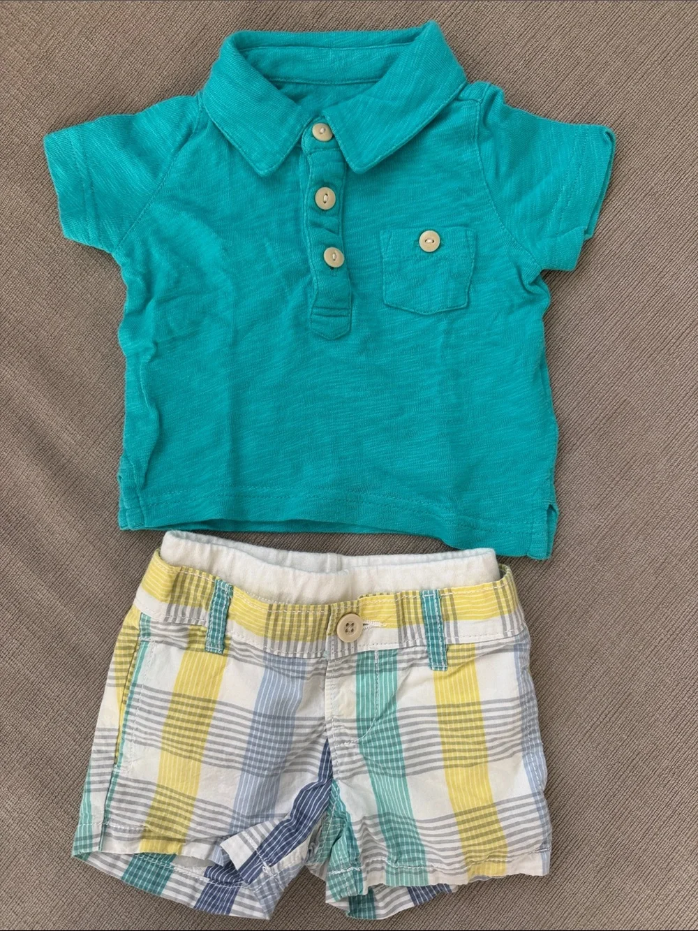 Baby Gap Turquoise Polo Top with Button Placket and Matching plaid shorts